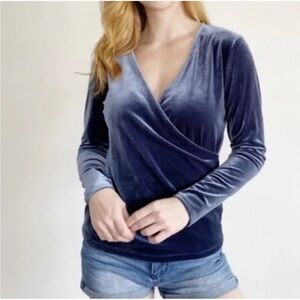 J. Crew Mercantile Flattering Indigo blue Velvet Long Sleeve fixed Wrap soft Top
